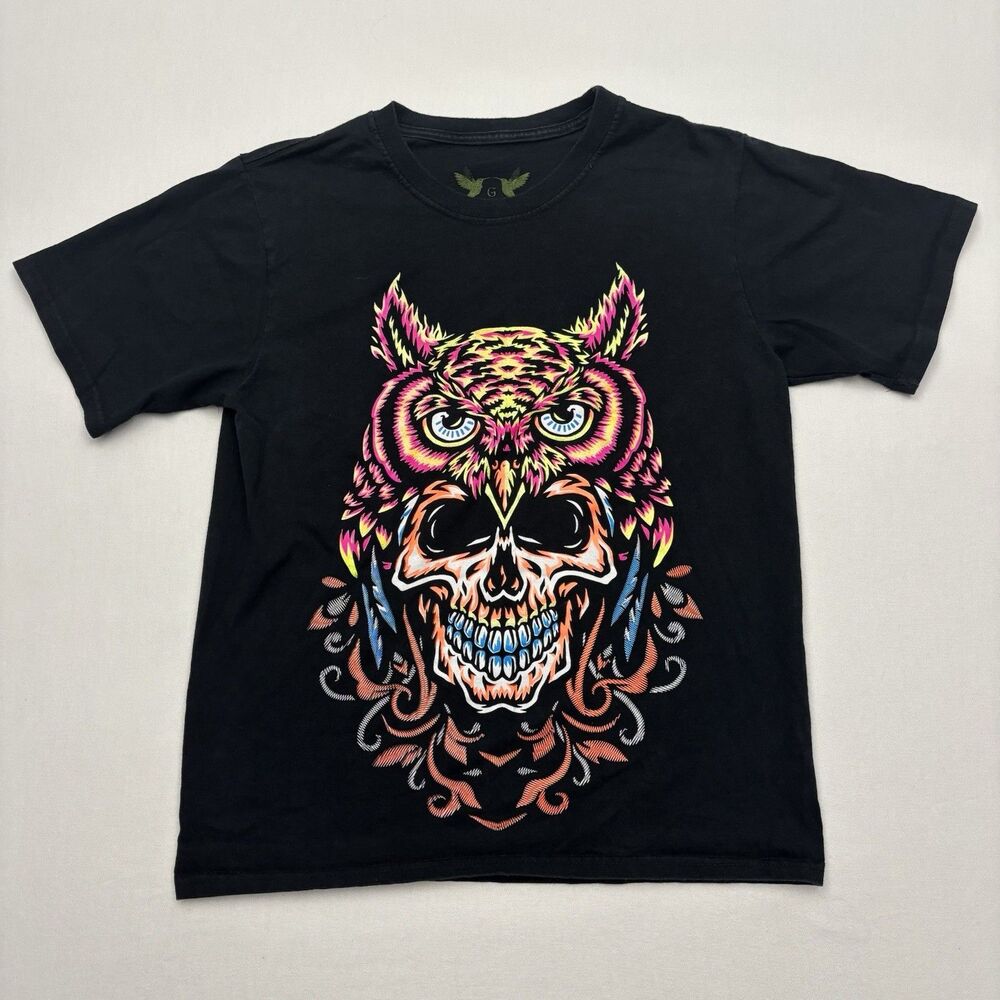 Black Graphic T-Shirt Men MEXICANO CHINGÓN Owl Skull Mexican Eagle Tee Size S